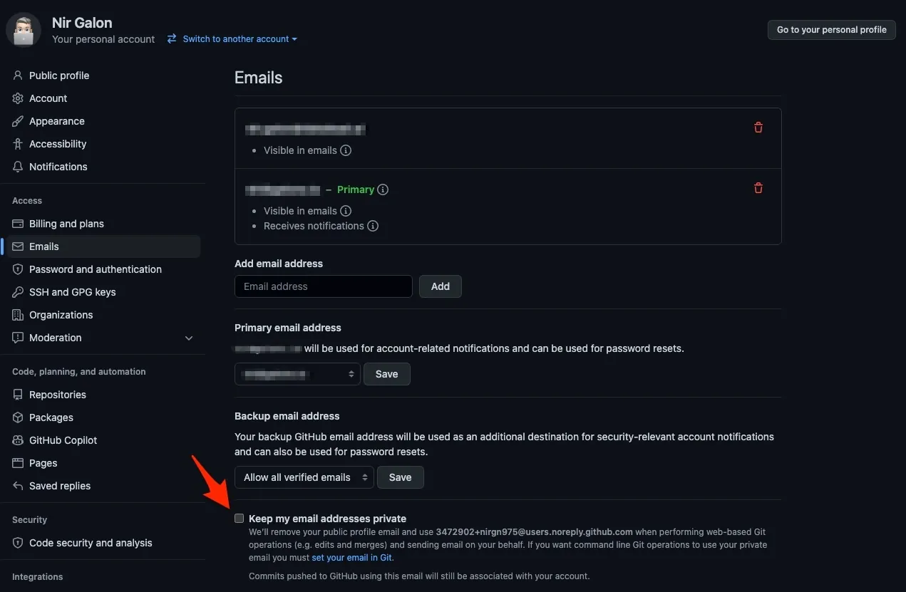 GitHub Private Email Settings